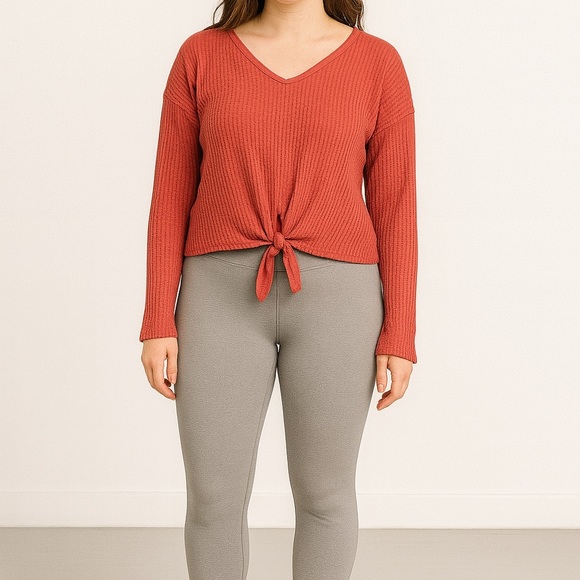 Paper Crane Orange Long Sleeve Tie Front Crop Top - Picture 1 of 6